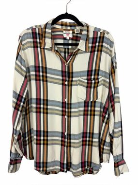 Levi’s Boyfriend Fit Plaid Button Front Blouse XL Cream Multicolor Viscose Shirt